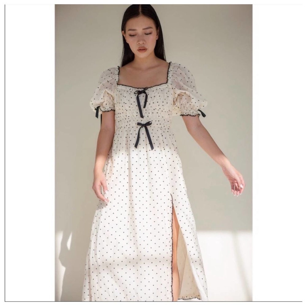 For Love & Lemons Cream Eden Polka Dot Midi Dress with Black Trim